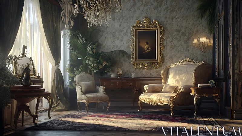 Opulent baroque sitting room with gilded furniture and light.