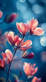 Pink flowers bloom against azure sky bokeh background.