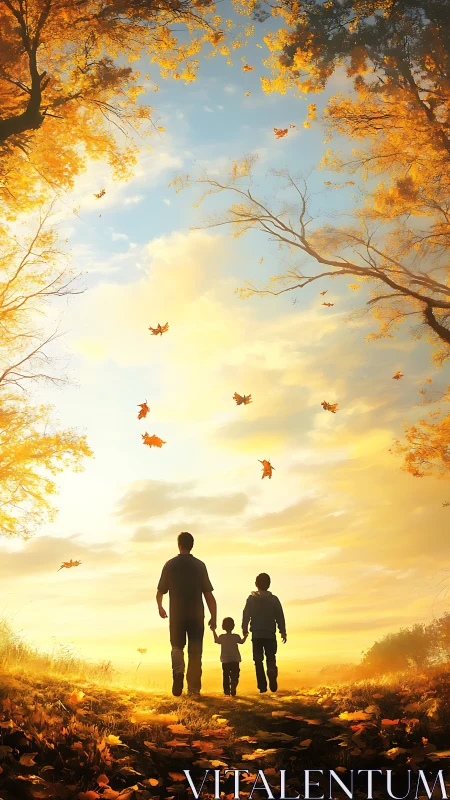 Sunlit autumn path with family silhouettes in warm glow.