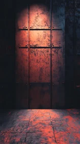 Rust-scarred industrial steel door in dramatic corridor lighting.