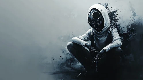 Hooded figure in gas mask amid abstract dark splashes.