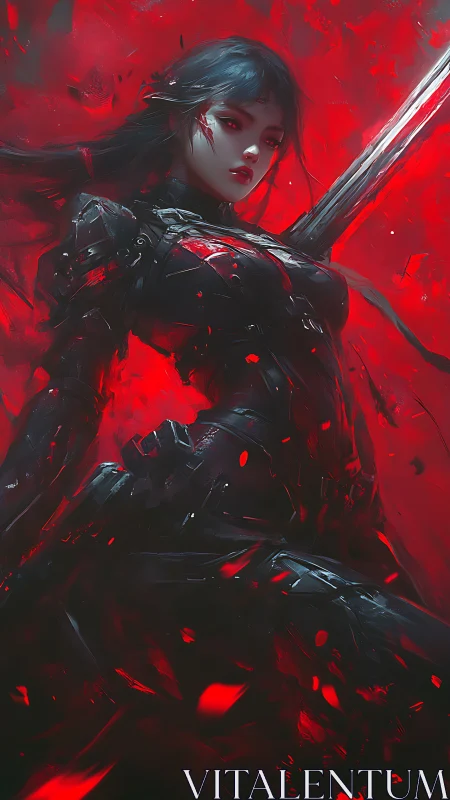 Armored female warrior in red abstract digital scene.