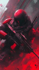 Armored red soldier with rifle in abstract battle scene.