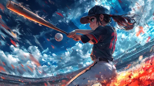 Anime baseball batter swings in dynamic stadium scene.