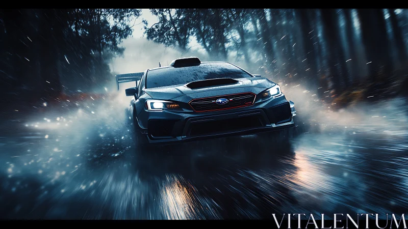 Rain-slashed forest road surrenders to a charging rally beast