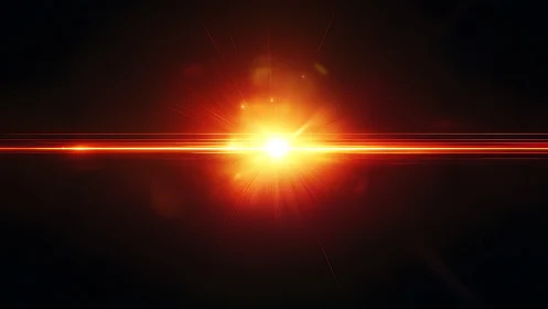Solar flare burst cuts through void with intense red beam.