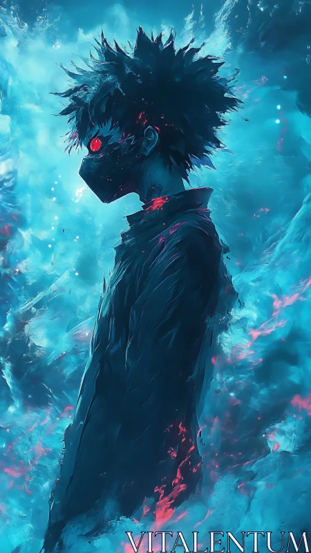 Masked figure stands in blue energy storm with red glow