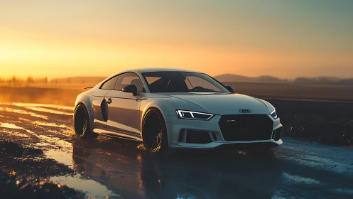 Sunset highway pause with a sleek white sports coupe.