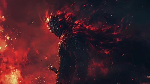 Flaming dark knight strides through a storm of living embers