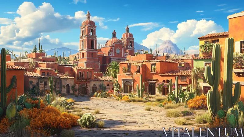 Colorful desert town street basks beneath vivid blue skies.