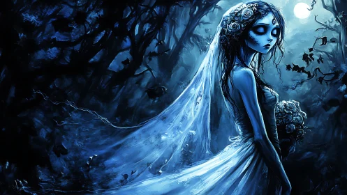 Ghostly bride walks through moonlit blue forest clearing