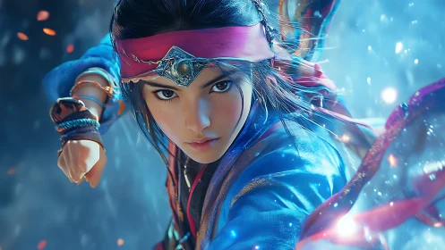 Fantasy warrior girl in dynamic blue and red motion.