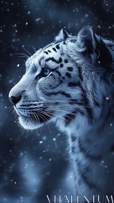 Snow leopard profile glows in icy blue winter night.
