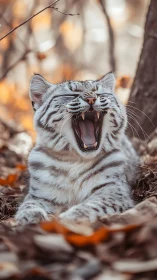 High-detail yawning silver tabby cat in shallow forest bokeh