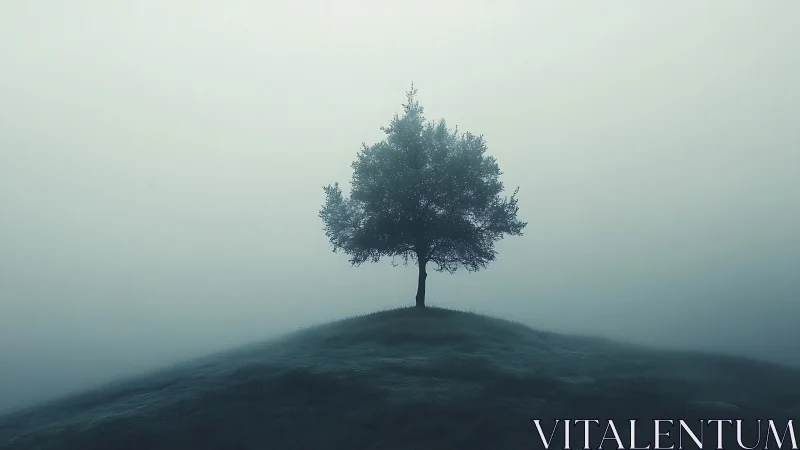 Solitary tree crowns a misty hill in soft blue haze.