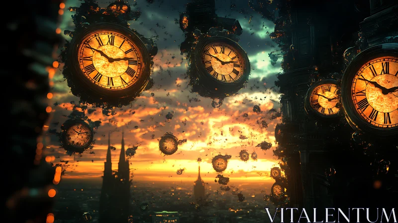 Sundown gears and wandering clocks over a fractured skyline.