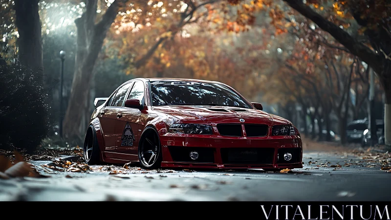 Red modified sedan sits low on a leaf-covered autumn street