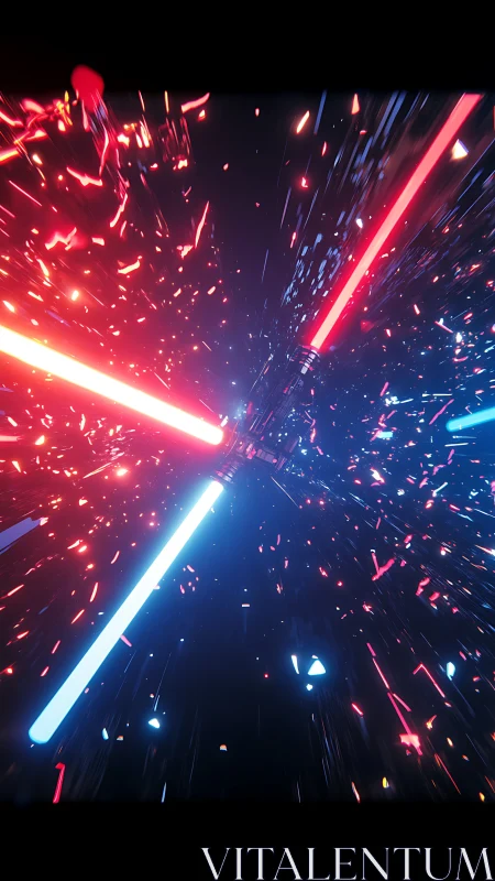 Dual energy blades collide amid explosive neon particles.
