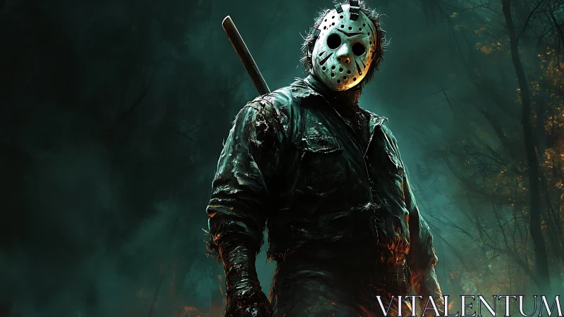 Masked slasher figure in decayed gear under high-contrast forest lighting