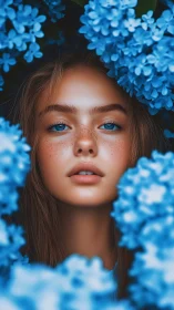 Freckled young woman framed by dense vivid blue flowers.