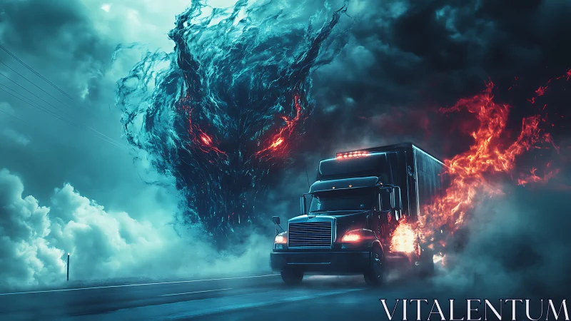 Spectral storm entity confronting incendiary highway freight rig.