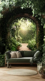 Garden arch daydream with cozy sofa and dappled sunlight.
