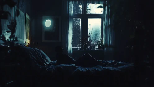Solitary figure in moody moonlit bedroom at rainy window.