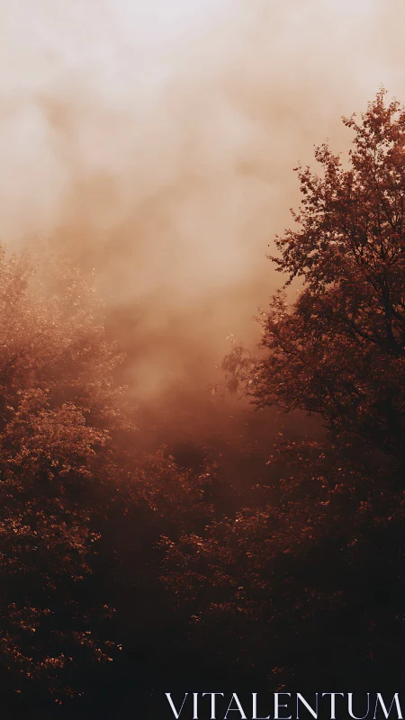 Autumn canopy silhouettes in cinematic copper mist light.