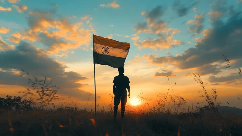 Silhouetted youth holding Indian flag at vivid sunset sky.