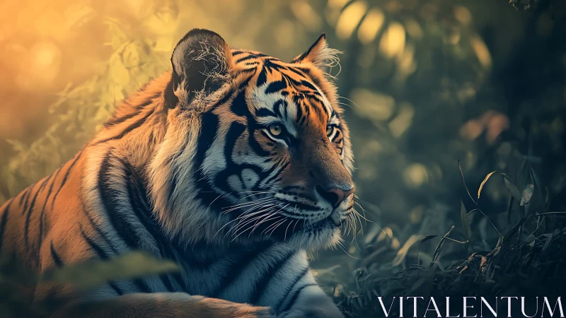 Sunlit jungle monarch pauses within amber-tinted shadows