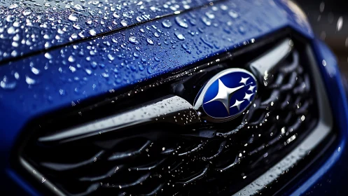 Photorealistic close-up of blue car grille with water droplets.