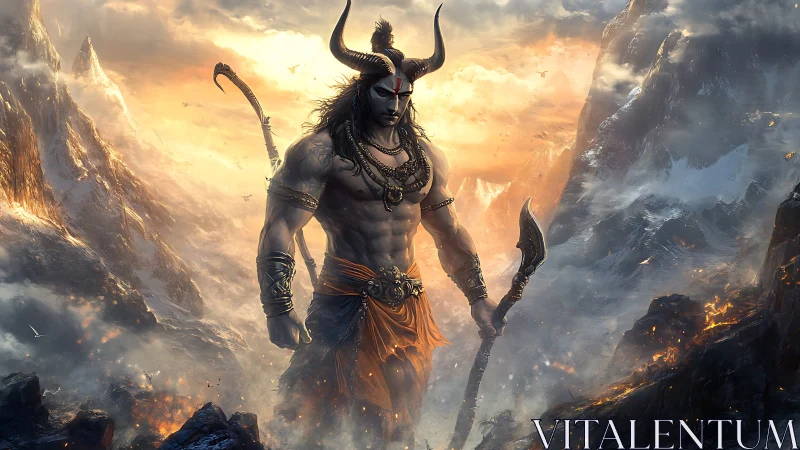 Horned warlord strides through blazing mountain pass.