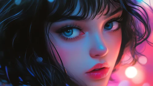 Neon-lit portrait showcases luminous eyes and glossy lips.