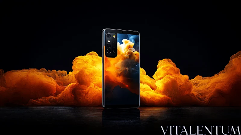 Edge-lit smartphone render with orange volumetric smoke plumes