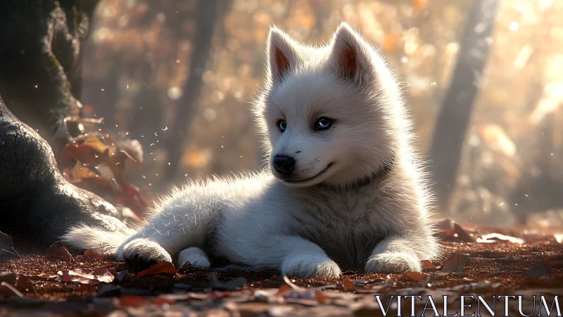 Soft woodland sunlight cuddles a dreamy white puppy friend.