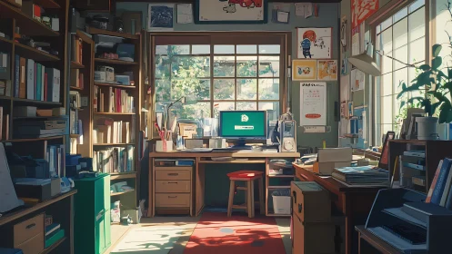 Sunlit home office with bookshelves, desk, and computer.