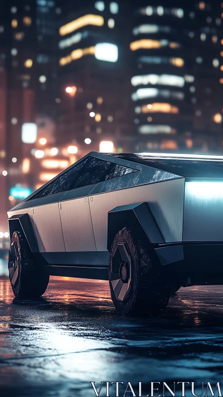 Angular electric truck reflects neon-lit wet roadway in dense city