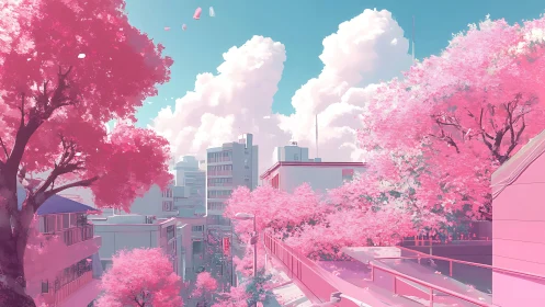 Pink cherry blossoms over quiet pastel city street scene.