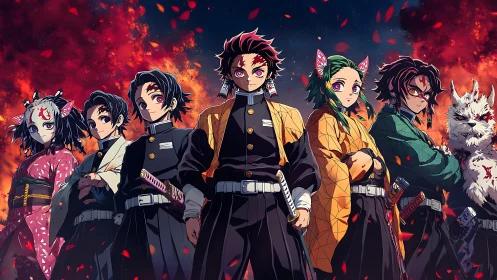 Anime ensemble lineup against infernal battlefield backdrop.