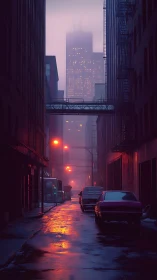 Foggy urban alley with wet street and distant tower.