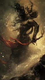 Armored horned warrior emerging through swirling golden storm