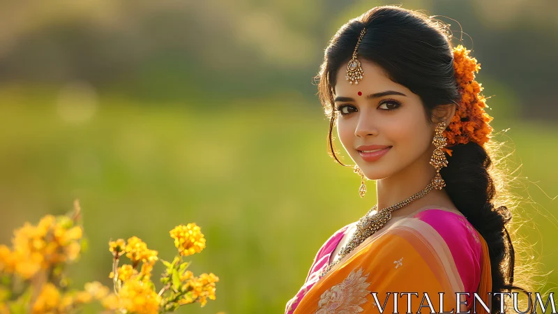 Woman in traditional attire stands in soft outdoor sunlight