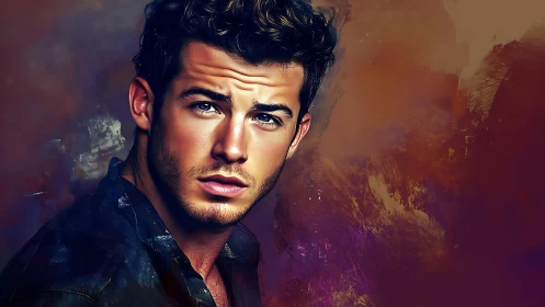 Male portrait against abstract multicolor painted backdrop.