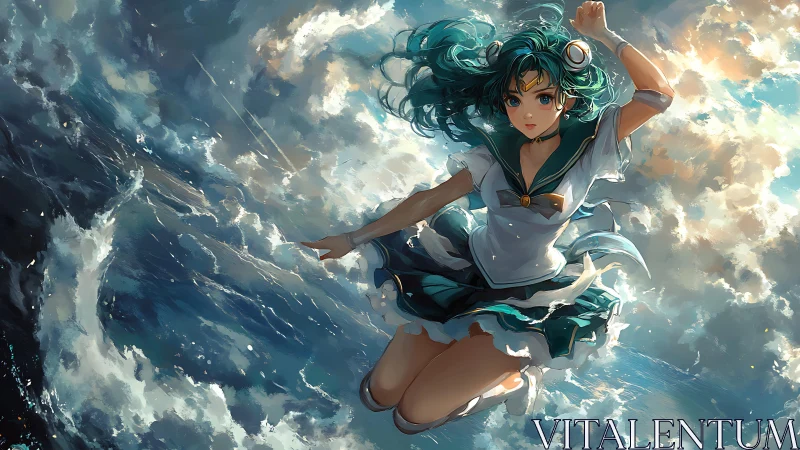 Skybound sea guardian in teal sailor uniform mid-leap.
