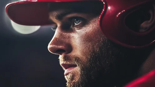 Baseball player portrait under stadium lights in profile.