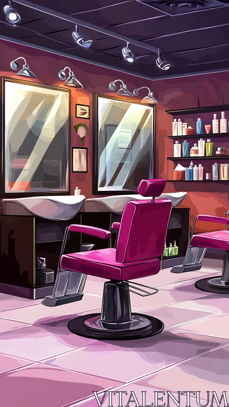 Modern salon interior with pink styling chairs and mirrors.