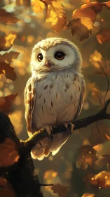 Soft-eyed owl rests amid glowing autumn forest light