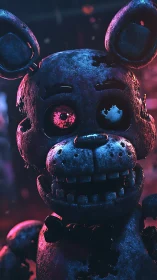 Damaged animatronic bear stands under blue and pink light
