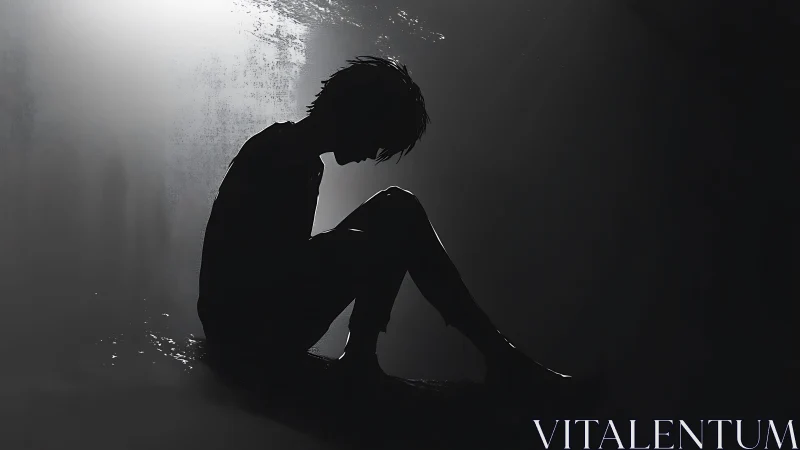 Silhouetted youth sits alone in stark monochrome light