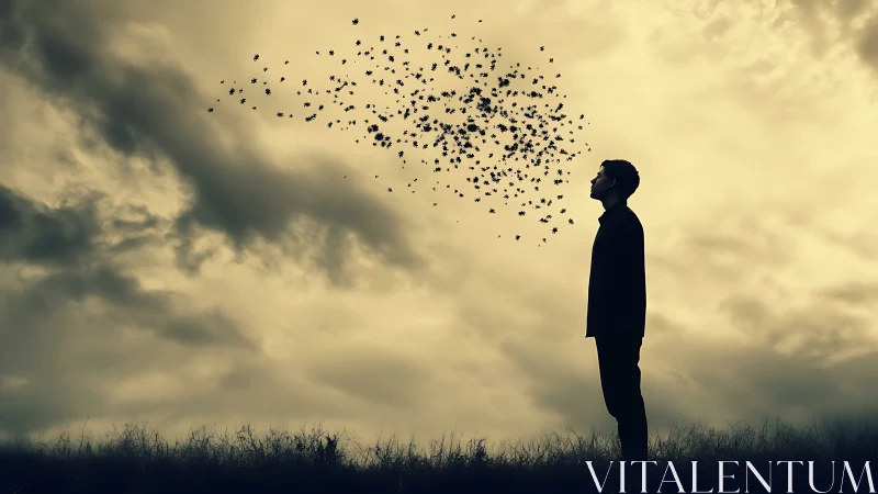 Silhouette man facing swirling leaves under moody sky.